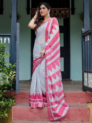 Rajwada Light Grey And Pink Cotton Linen Printed Saree For Women