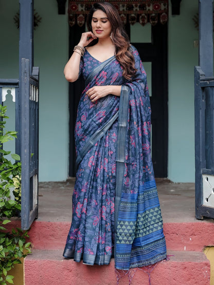 Rajwada Navy Blue Cotton Linen Printed Saree For Women