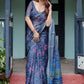 Rajwada Navy Blue Cotton Linen Printed Saree For Women