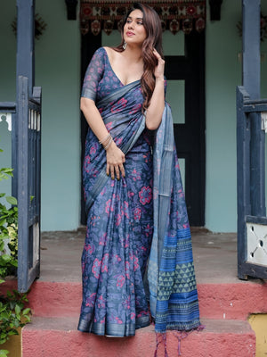 Rajwada Navy Blue Cotton Linen Printed Saree For Women