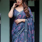 Rajwada Navy Blue Cotton Linen Printed Saree For Women