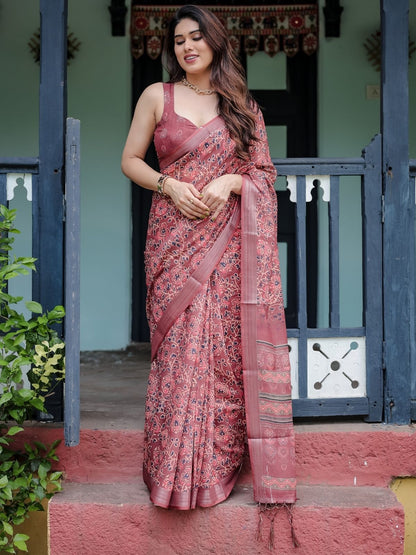Rajwada Dusty Mauve Cotton Linen Printed Saree For Women