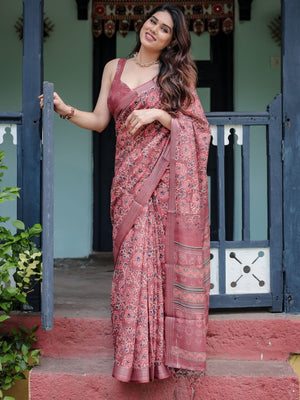 Rajwada Dusty Mauve Cotton Linen Printed Saree For Women