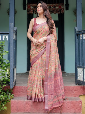 Rajwada Peach Cotton Linen Printed Saree For Women