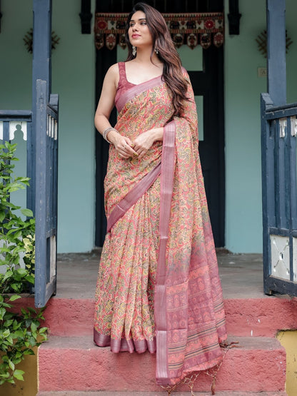 Rajwada Peach Cotton Linen Printed Saree For Women