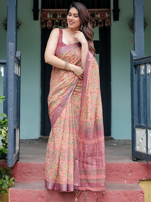 Rajwada Peach Cotton Linen Printed Saree For Women