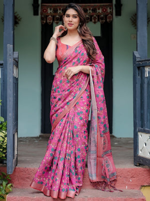 Rajwada Pink Cotton Linen Printed Saree For Women