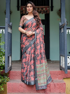 Rajwada Black And Red Cotton Linen Printed Saree For Women