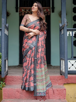 Rajwada Black And Red Cotton Linen Printed Saree For Women