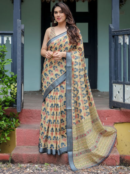 Rajwada Beige Cotton Linen Printed Saree For Women