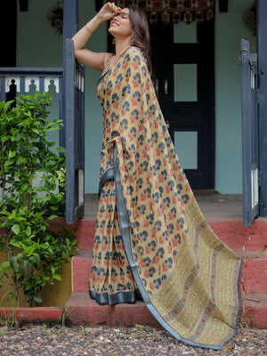 Rajwada Beige Cotton Linen Printed Saree For Women