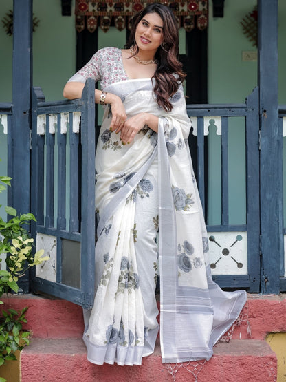 Rajwada White Cotton Linen Printed Saree For Women