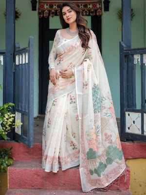 Rajwada White Cotton Linen Printed Saree For Women