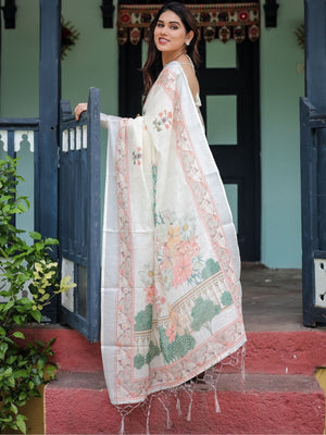 Rajwada White Cotton Linen Printed Saree For Women