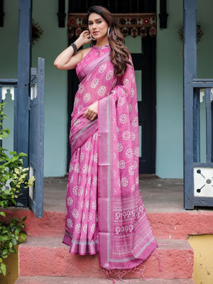 Rajwada Pink Cotton Linen Printed Saree For Women
