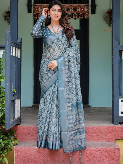 Rajwada Teal Blue Cotton Linen Printed Saree For Women