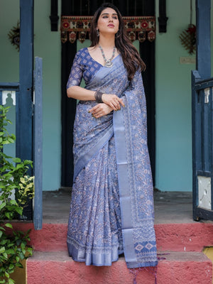 Rajwada Blue Cotton Linen Printed Saree For Women