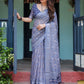 Rajwada Blue Cotton Linen Printed Saree For Women
