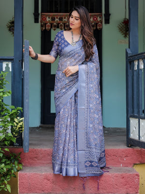 Rajwada Blue Cotton Linen Printed Saree For Women