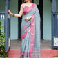 Rajwada Sky Blue And Pink Cotton Linen Printed Saree For Women