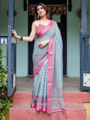 Rajwada Sky Blue And Pink Cotton Linen Printed Saree For Women