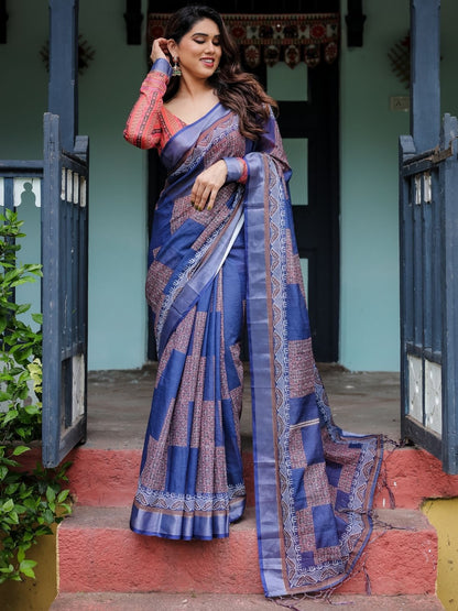 Rajwada Dark Blue Cotton Linen Printed Saree For Women