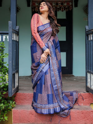 Rajwada Dark Blue Cotton Linen Printed Saree For Women