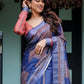 Rajwada Dark Blue Cotton Linen Printed Saree For Women
