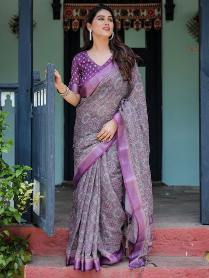 Rajwada Light Purple And Black Cotton Linen Printed Saree For Women