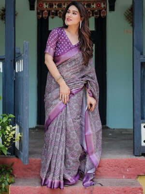 Rajwada Light Purple And Black Cotton Linen Printed Saree For Women