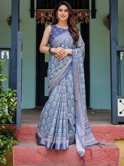 Rajwada Light Blue Cotton Linen Printed Saree For Women