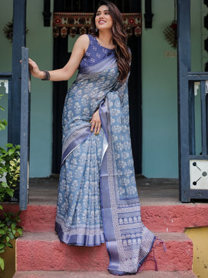 Rajwada Light Blue Cotton Linen Printed Saree For Women