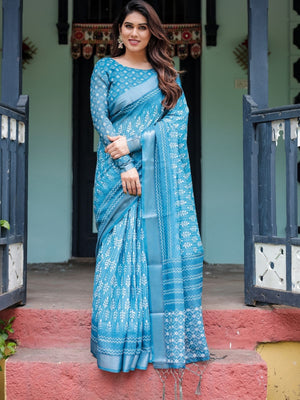 Rajwada Sky Blue Cotton Linen Printed Saree For Women