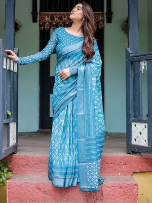 Rajwada Sky Blue Cotton Linen Printed Saree For Women