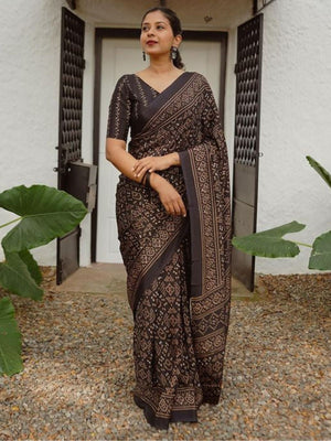 Rajwada Dark Brown Cotton Linen Printed Saree For Women