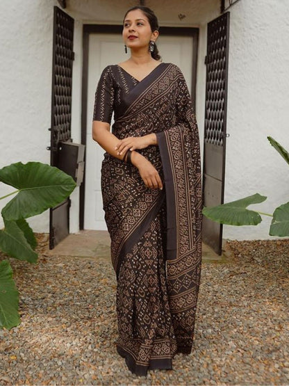 Rajwada Dark Brown Cotton Linen Printed Saree For Women