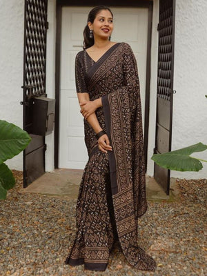 Rajwada Dark Brown Cotton Linen Printed Saree For Women