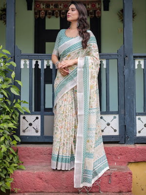 Rajwada White And Sky Blue Cotton Linen Printed Saree For Women