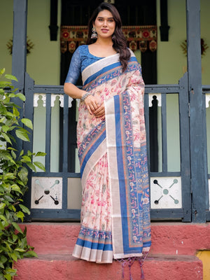 Rajwada Cream Cotton Linen Printed Saree For Women