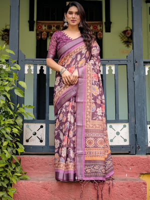 Rajwada Wine Cotton Linen Printed Saree For Women
