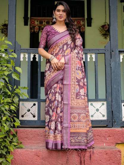 Rajwada Wine Cotton Linen Printed Saree For Women