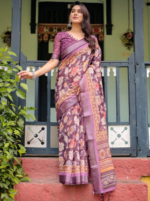 Rajwada Wine Cotton Linen Printed Saree For Women