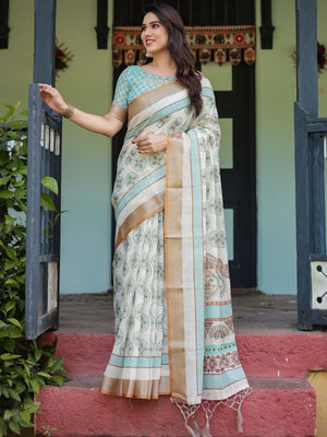 Rajwada Off White Cotton Linen Printed Saree For Women