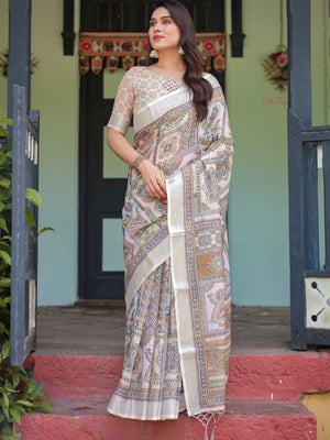Rajwada Off White Cotton Linen Printed Saree For Women