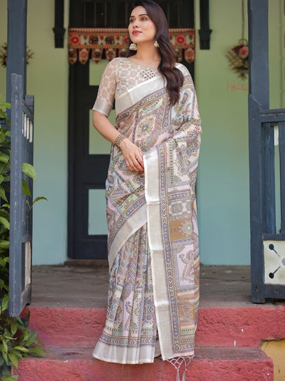 Rajwada Off White Cotton Linen Printed Saree For Women