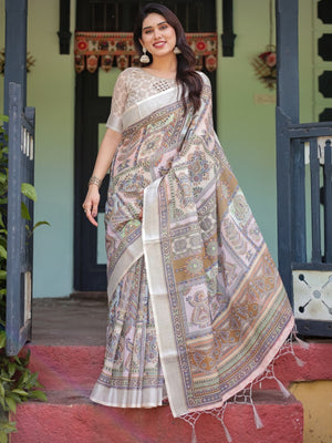 Rajwada Off White Cotton Linen Printed Saree For Women