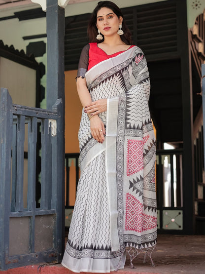 Rajwada White And Black Cotton Linen Printed Saree For Women