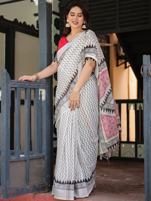 Rajwada White And Black Cotton Linen Printed Saree For Women