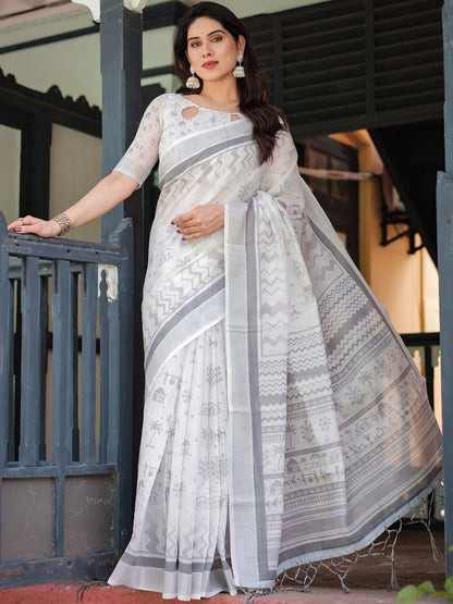 Rajwada White Cotton Linen Printed Saree For Women