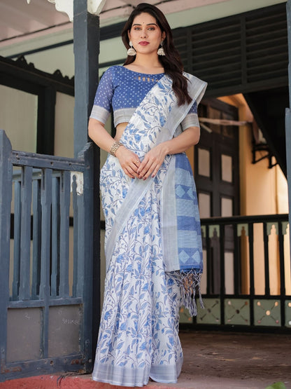 Rajwada Off White And Light Blue Cotton Linen Printed Saree For Women